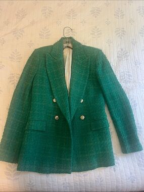 Zara Emerald Green Double-Breasted Tweed Blazer xs